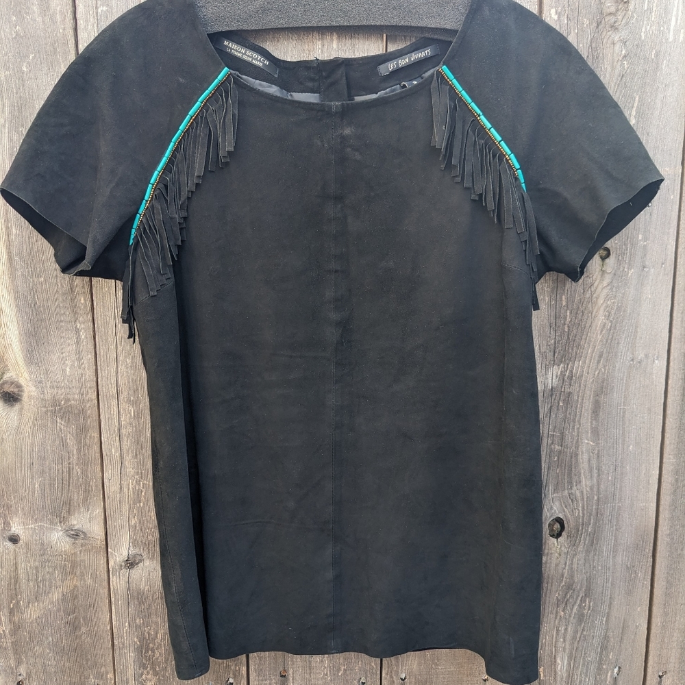 Maison Scotch Black Suede Top With fringe & beads